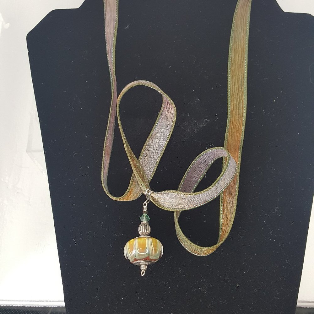 Handblown glass & sterling pendant w HOPE written on it Tie dye Silk necklace 36